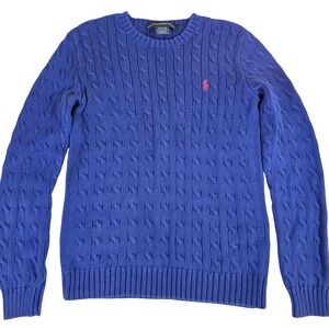 Vintage RALPH LAUREN SPORT Women's L Blue Cable Knit Cotton Sweater Coastal Prep